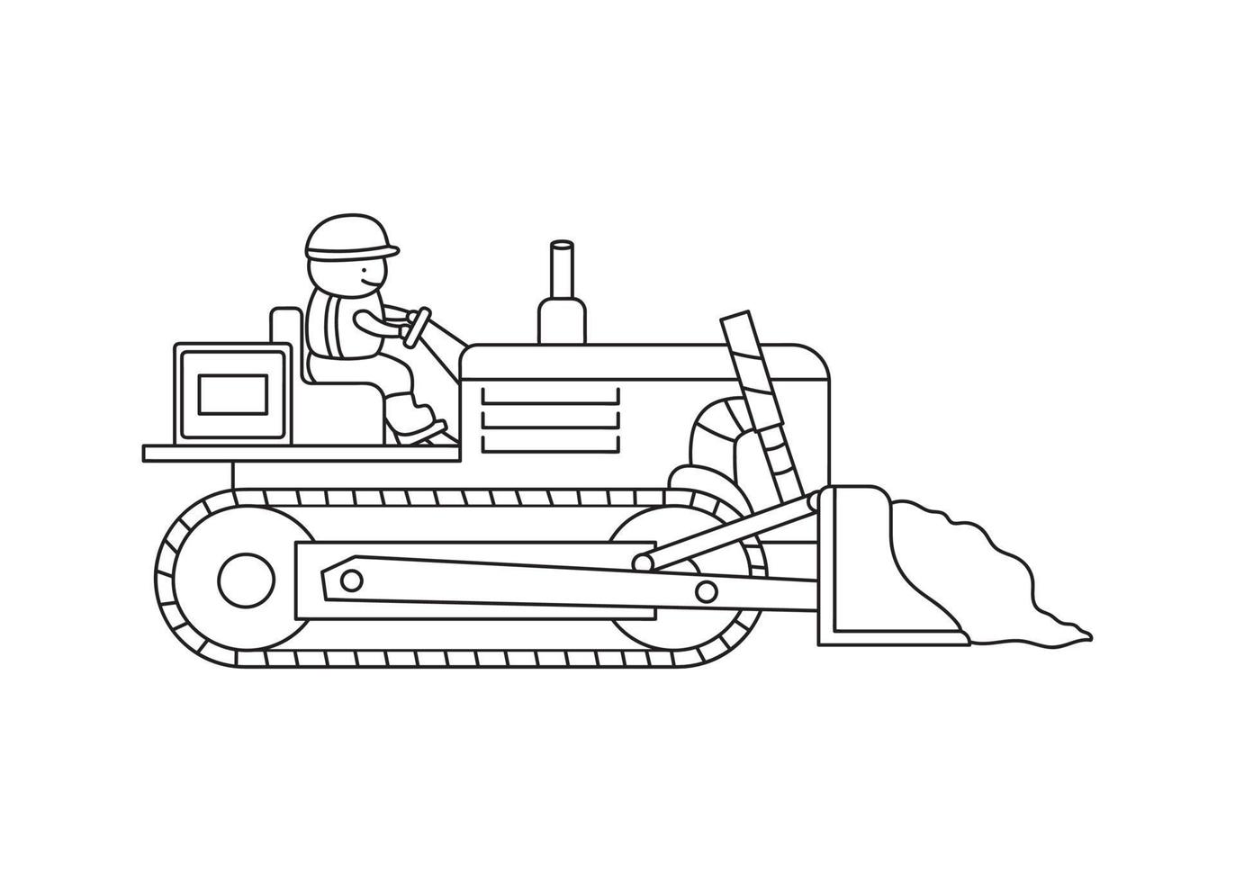 Hand drawn color children construction worker driving a bulldozer vector