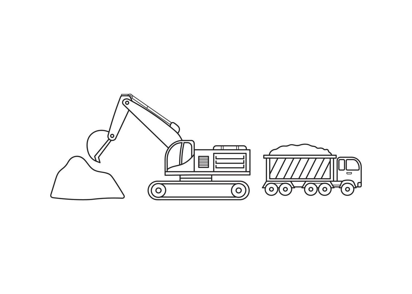 Hand drawn color children construction vehicle excavator and dump truck vector