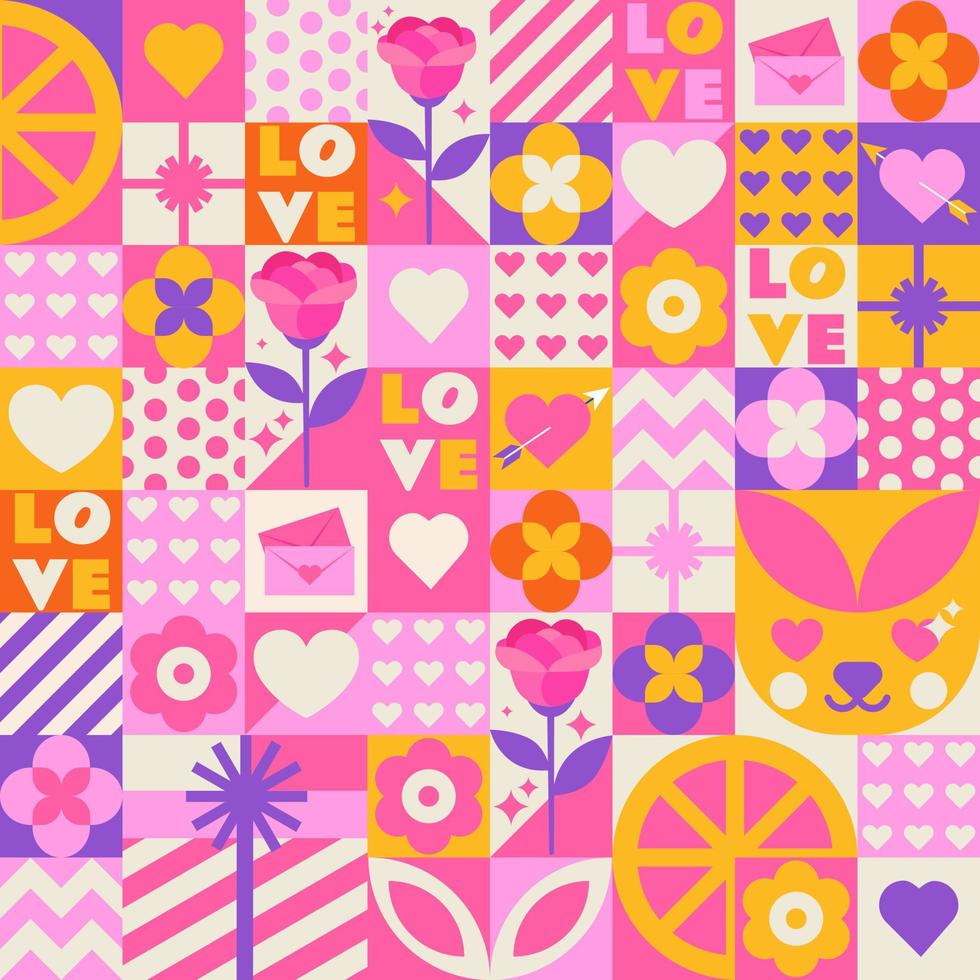 Cute, pink, mosaic pattern for Valentine's Day. Hearts, flowers, confessions of love, gifts and lots of love in one design. vector