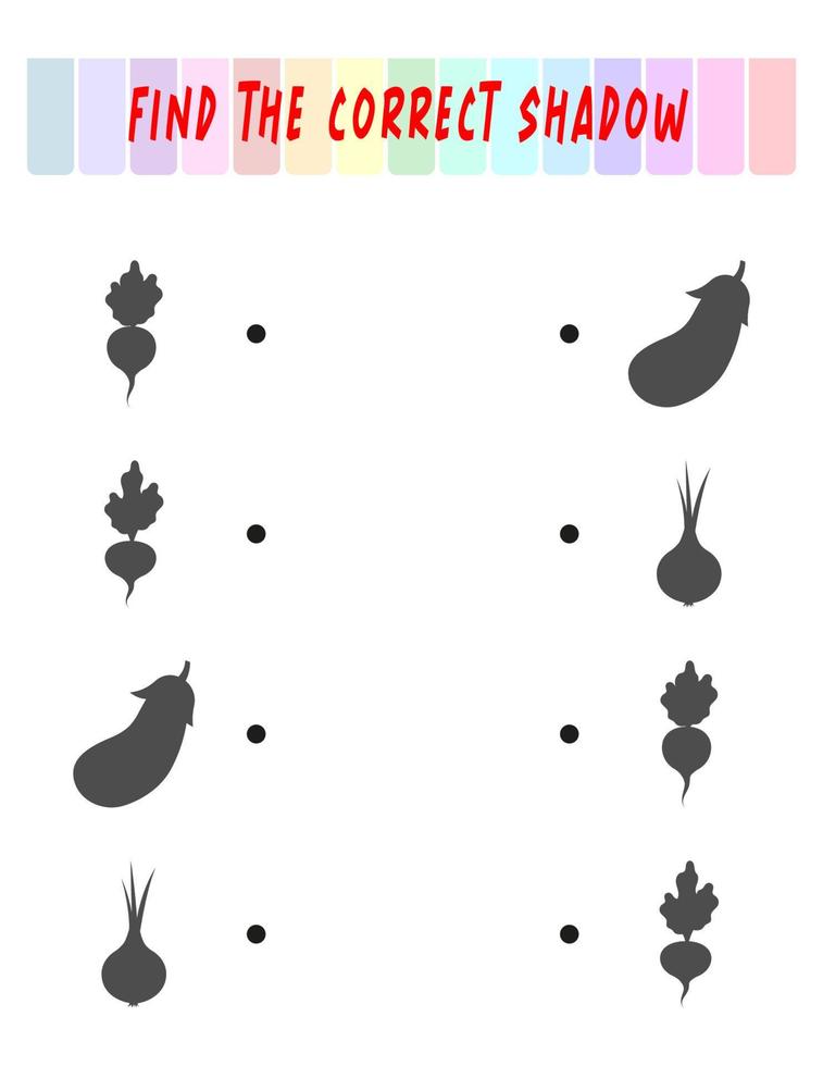 Find the right shadow. Cute vegetables. Educational game with vegetables. Logic games for children with an answer. A training card with a task for preschool and kindergarten children vector
