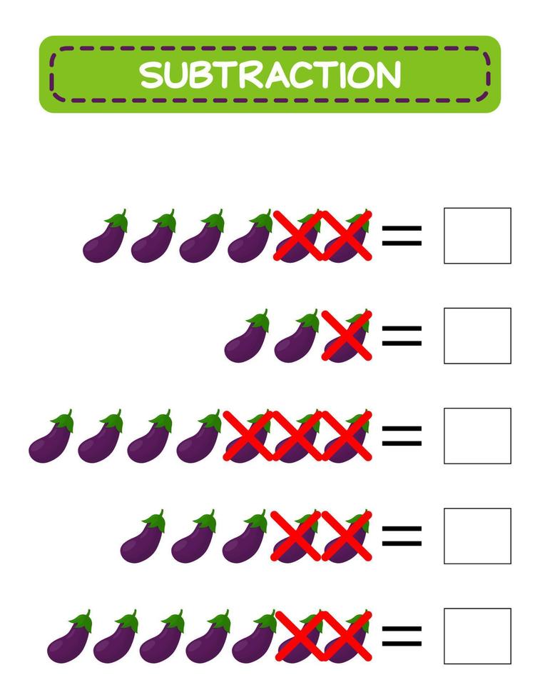 Subtraction.  Math worksheet for kids. Developing numeracy skills. Solve examples and write. Mathematics. Vector illustration.Educational math children game. Subtraction for kids.