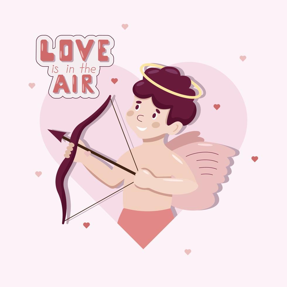 Cute cartoon vector greeting card with little Cupid shooting from the bow in a heart. Angel character. Valentine Day concept.