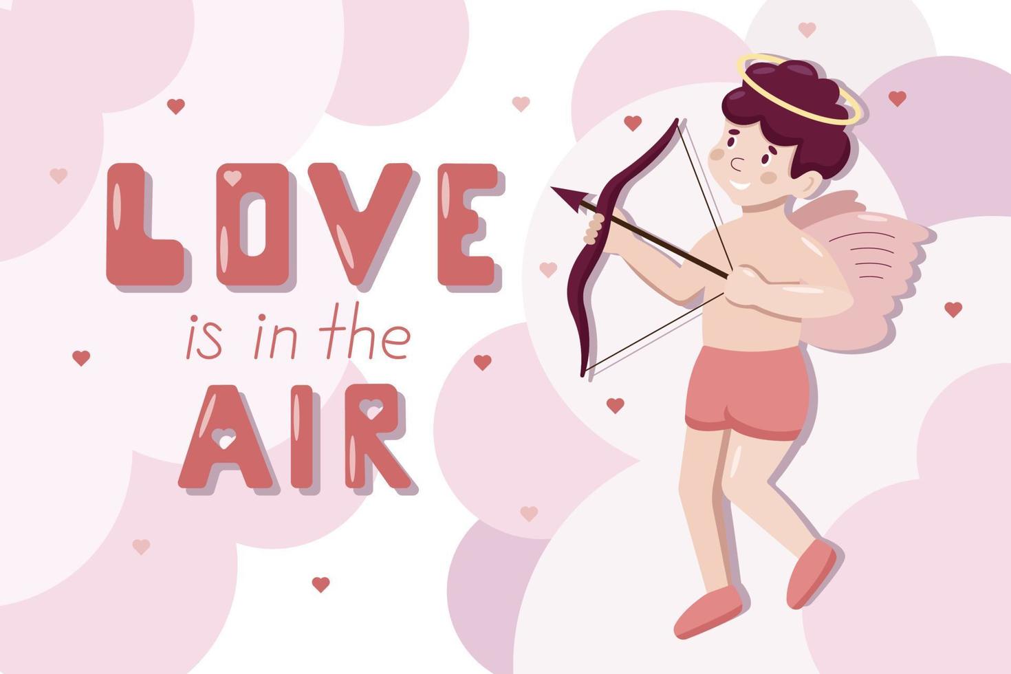 Cute cartoon vector greeting poster with little Cupid. Love is in the air lettering. Valentine Day concept. Angel shoots at the heart from the bow in pink clouds.