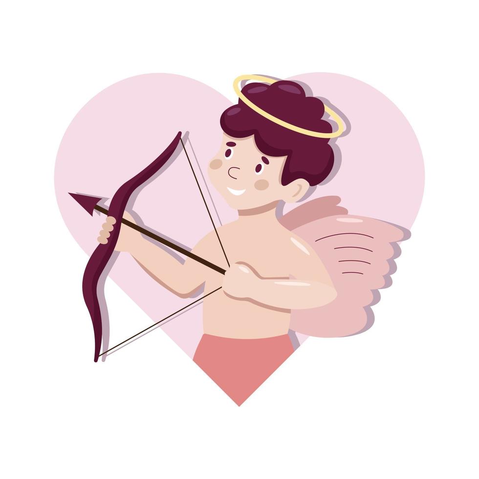 Cute cartoon vector Cupid. Angel character. Valentine Day concept. Little boy with wings shoots at the heart from the bow.