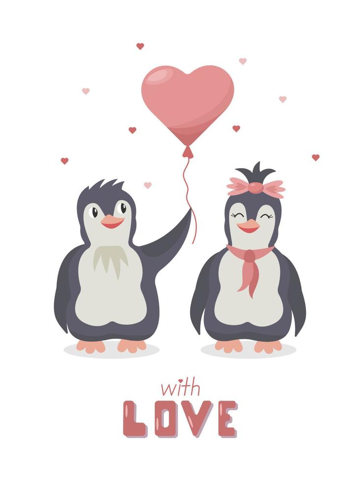 linda caricatura enamorándose de los pingüinos para la tarjeta de felicitación de San Valentín. personajes vectoriales con un globo en forma de corazón vector