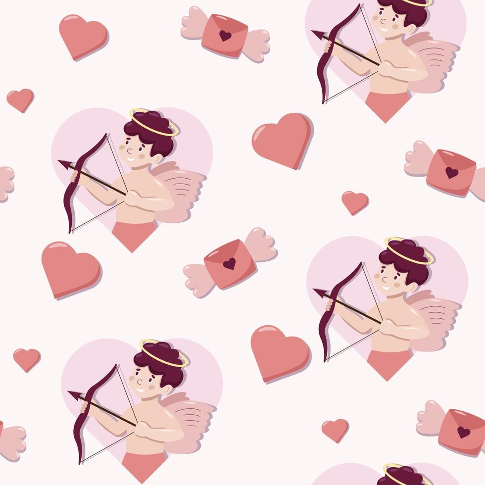 concepto de día de san valentín de patrones sin fisuras con elementos de dibujos animados lindo vector cupido, letras con alas y corazones. fondo rosa para envolver papel y cajas de regalo