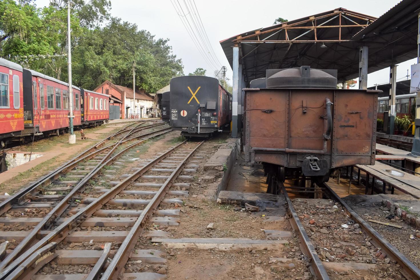 Kalka, Haryana, India May 14 2022 - View of Toy train Railway Tracks from the middle during daytime near Kalka railway station in India, Toy train track view, Indian Railway junction, Heavy industry photo