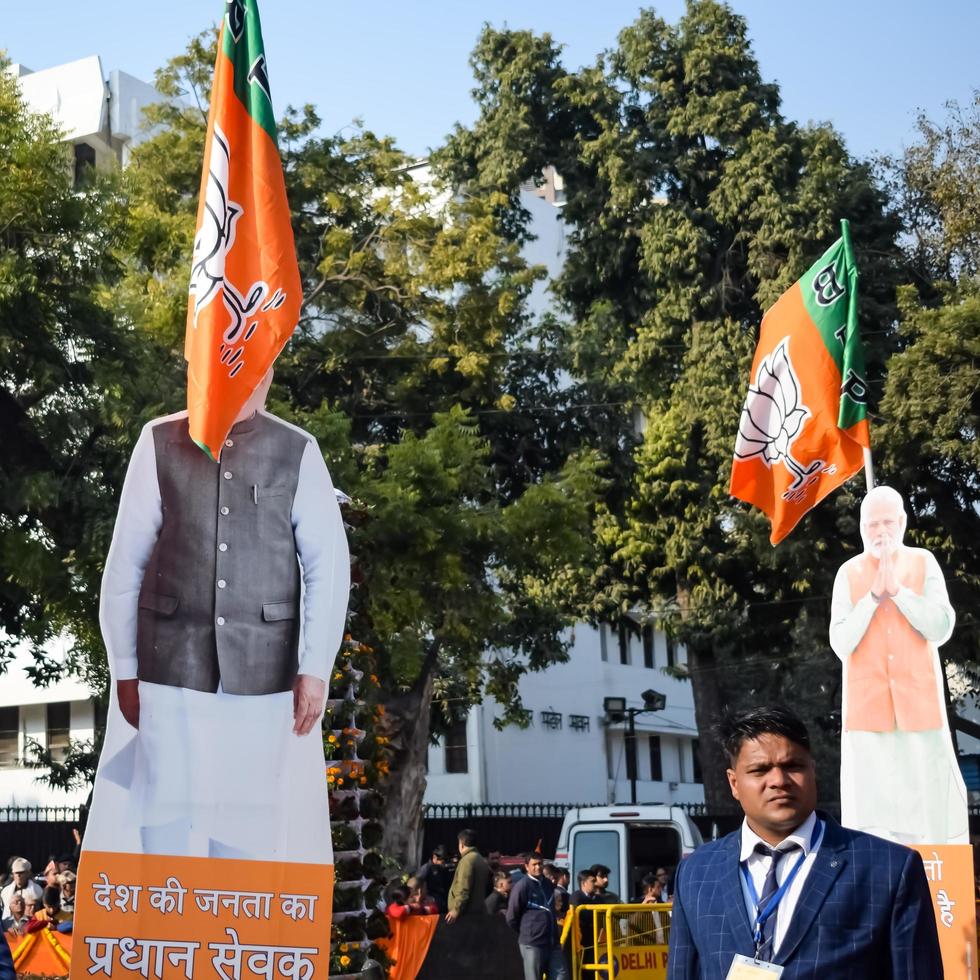 New Delhi, India - January 16 2023 - Prime Minister Narendra Modi cut out during BJP road show, the status of PM Modi while attending a big rally in the capital photo