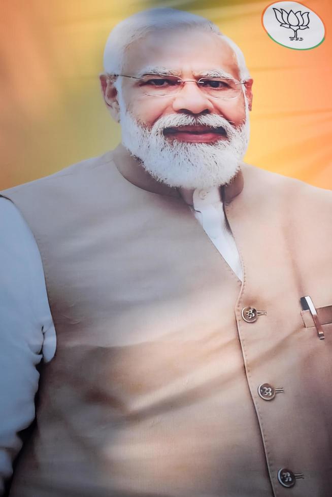 New Delhi, India - January 16 2023 - Prime Minister Narendra Modi cut out during BJP road show, the status of PM Modi while attending a big rally in the capital photo
