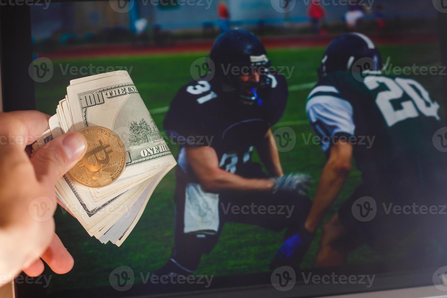 Golden bitcoin coin dollar against digital currency sports, football, ball background photo