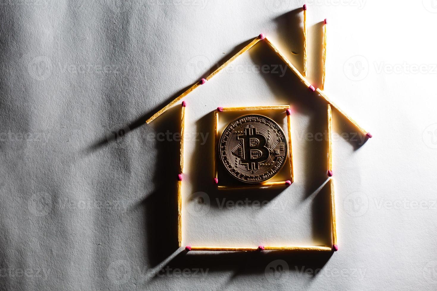 Golden bitcoin on isolate white background concept mining house, apartment, purchase, photo