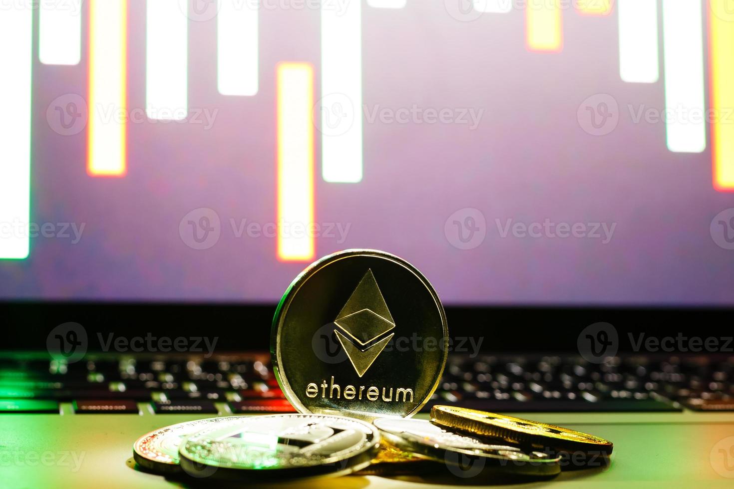 ethereum on gold background to illustrate blockchain and cyber currency photo