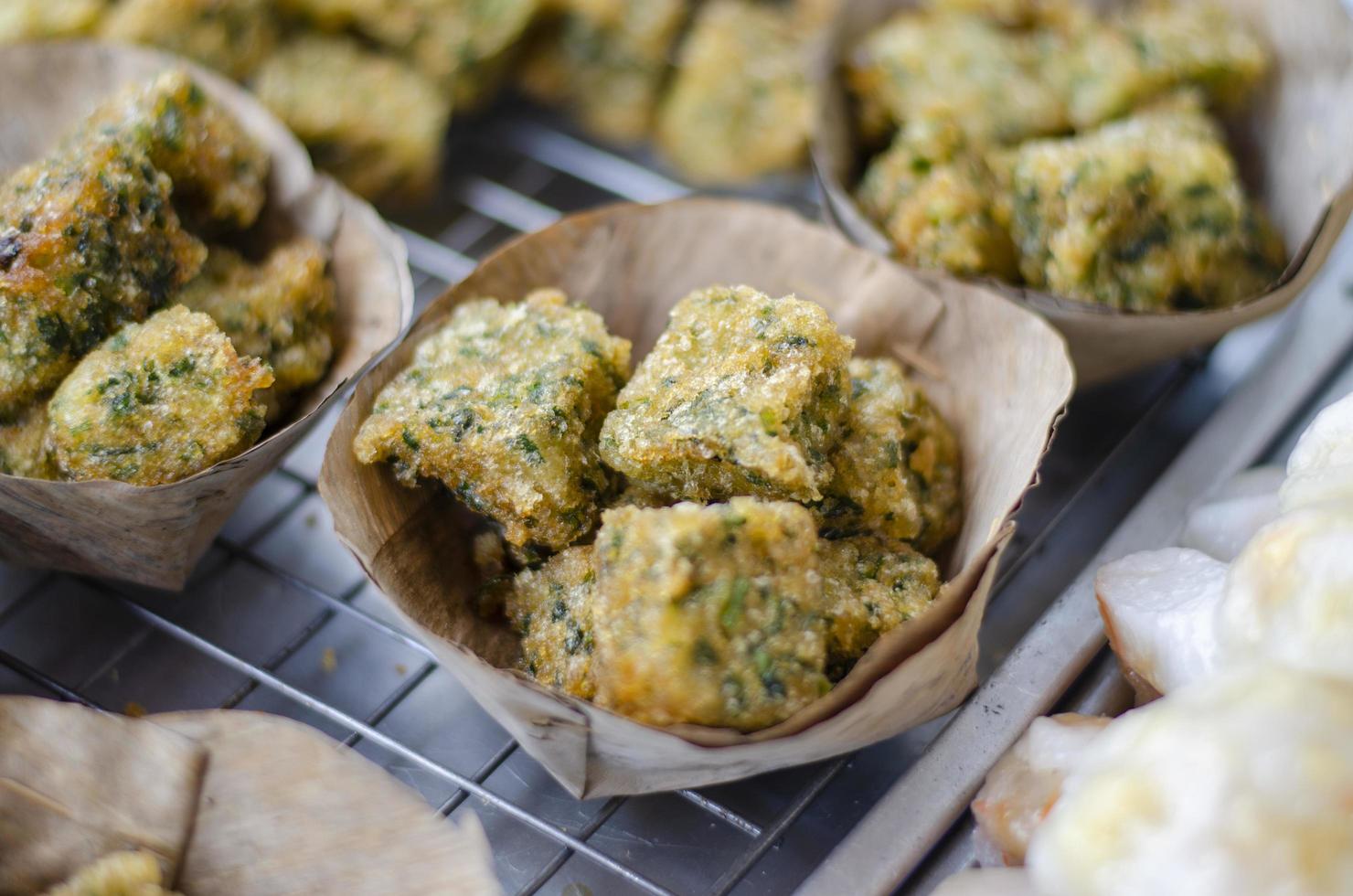 Close up, Garlic Chives Cakes on banana leaves, Asian style food photo