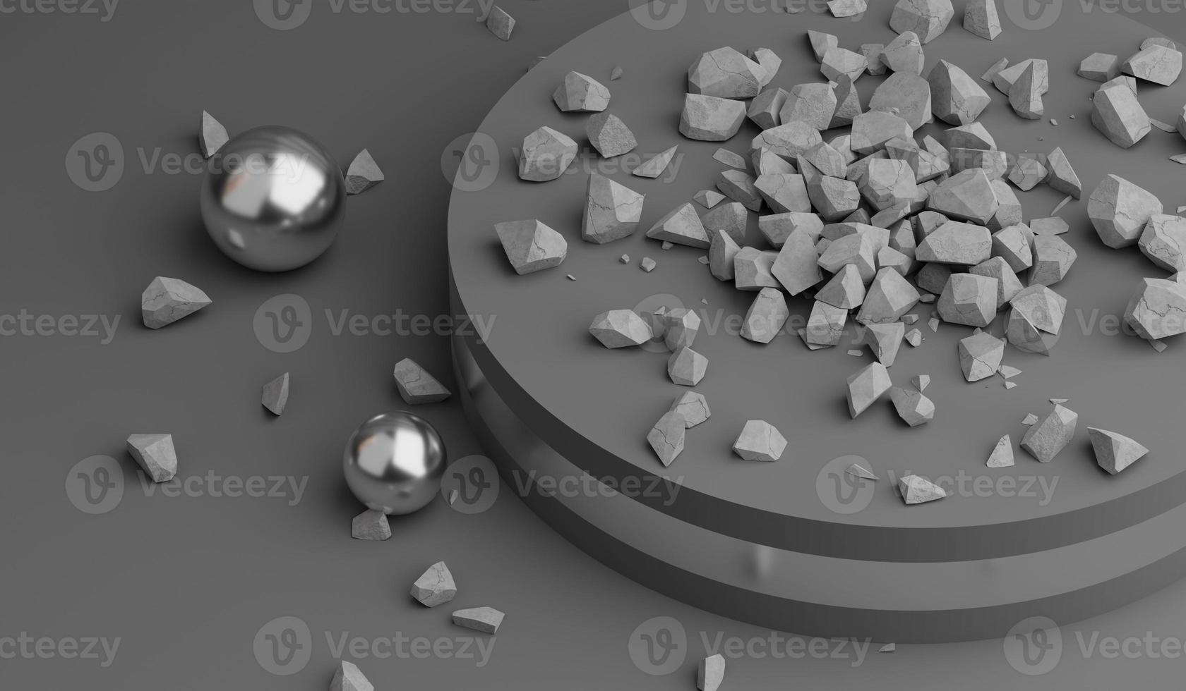 3d render of crystal ball with broken pieces of stone on a gray background. Black podium in dark room. photo