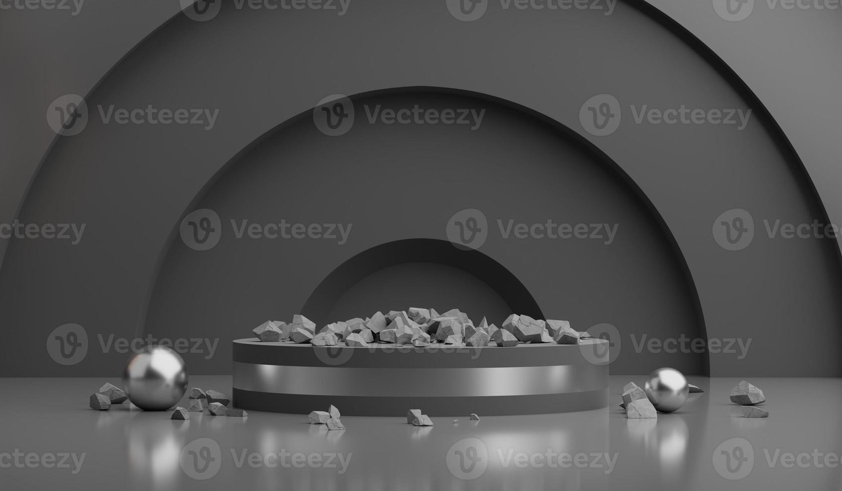 3d render of crystal ball with broken pieces of stone on a gray background. Black podium in dark room. photo