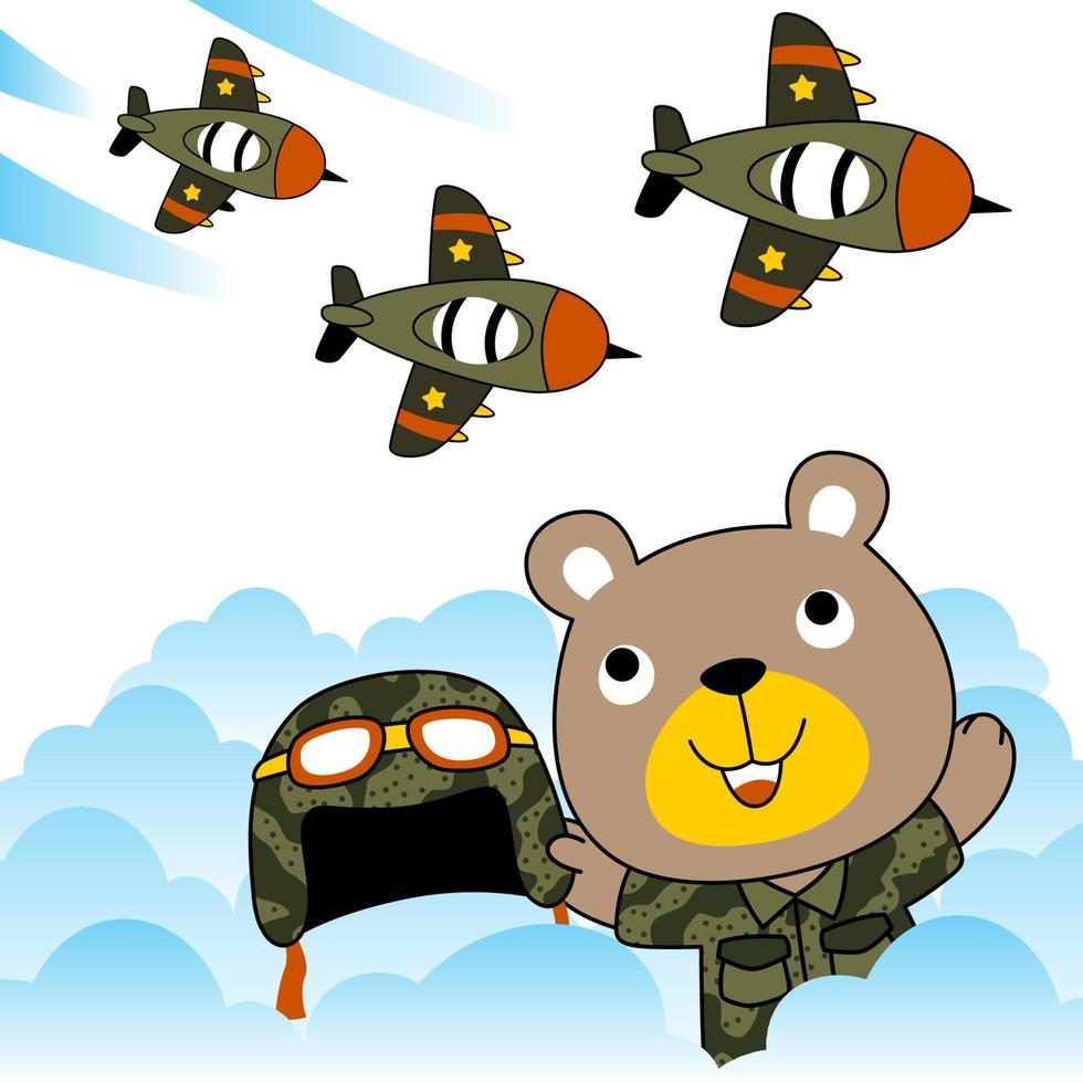 Cute bear in soldier costume at warplane air show, t shirt design, vector cartoon illustration