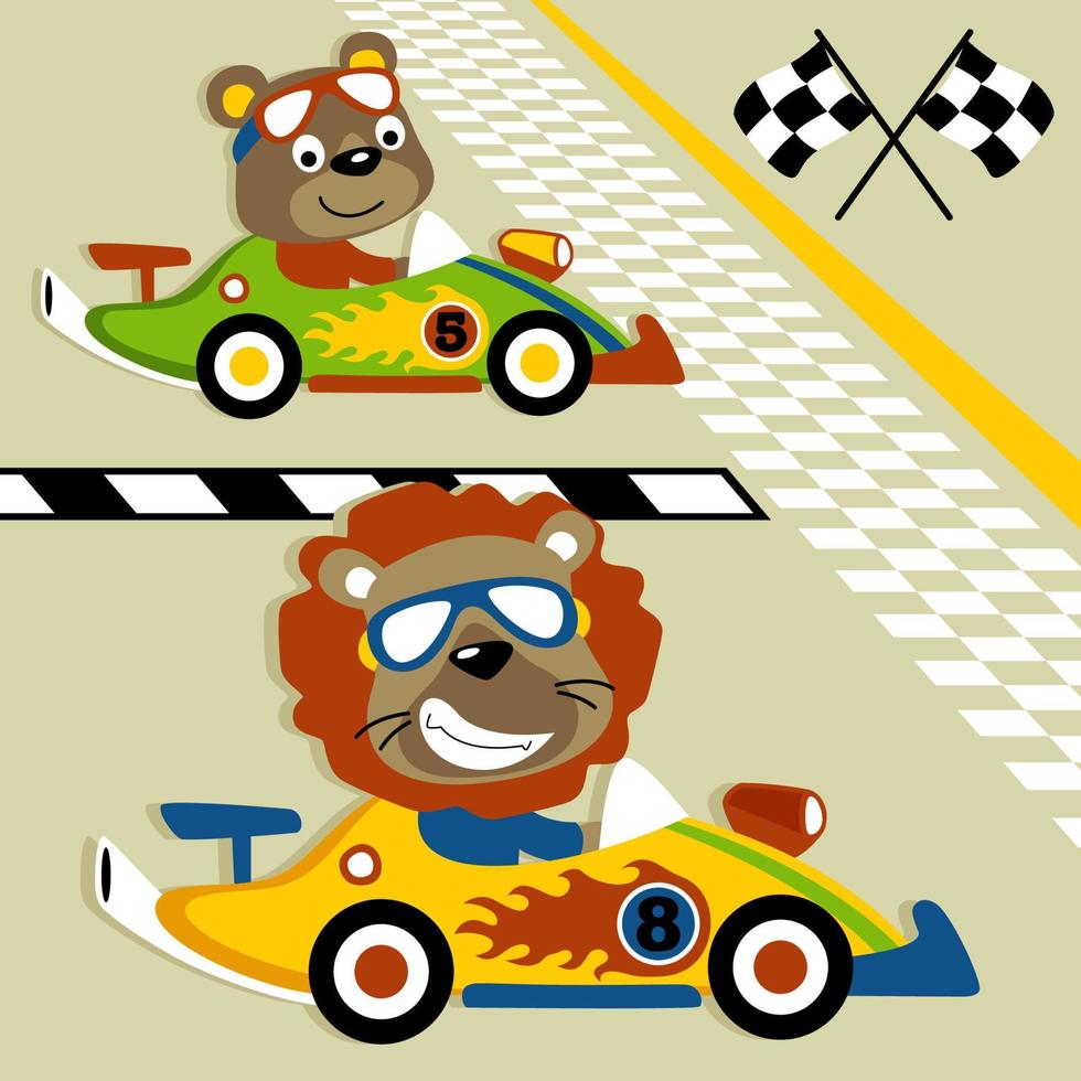 divertido campeonato de autos de carreras de animales, lindo oso y león en autos de carreras, ilustración de dibujos animados vectoriales vector