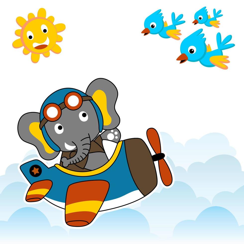 Cute elephant on airplane in the sky meet with flock of birds and smiling sun, vector cartoon design