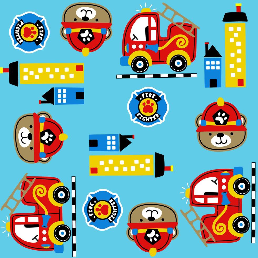 Cute bear wearing fireman helmet with firefighter elements pattern graphic, cartoon vector illustration