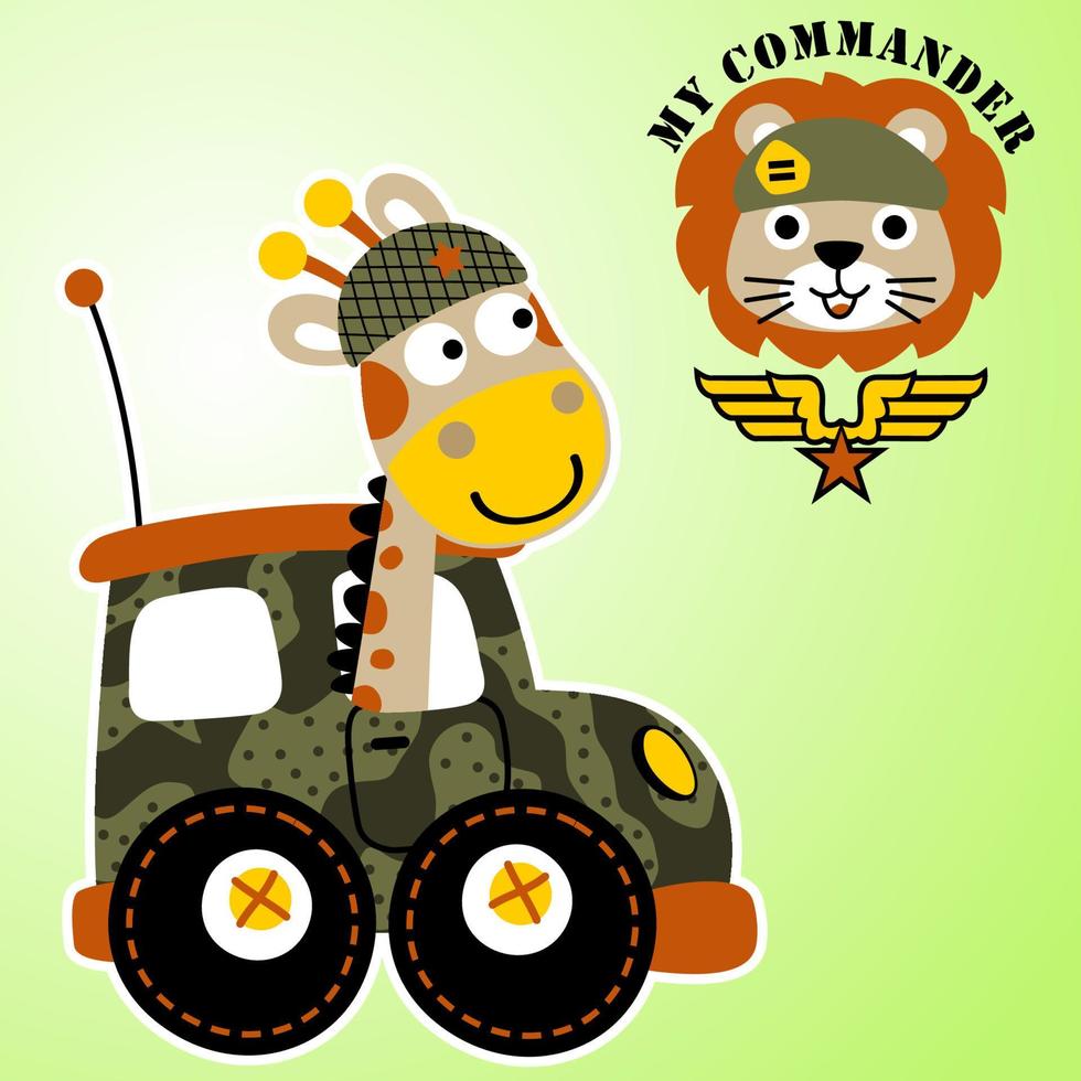 linda jirafa conduciendo camión militar, lindo león con boina del ejército, diseño de camisetas, ilustración de dibujos animados vectoriales vector