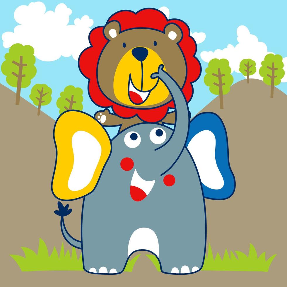 Cute lion riding on elephant in the jungle, vector cartoon illustration