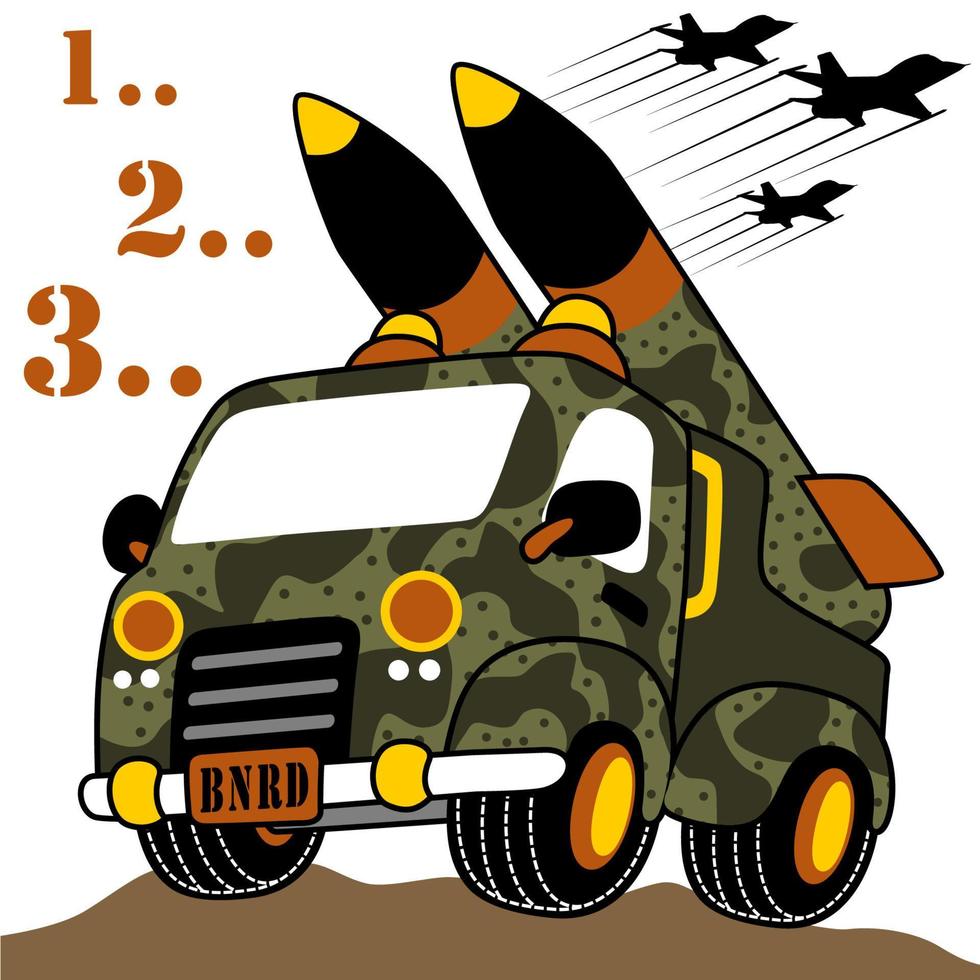 Military truck with missile, vector cartoon illustration