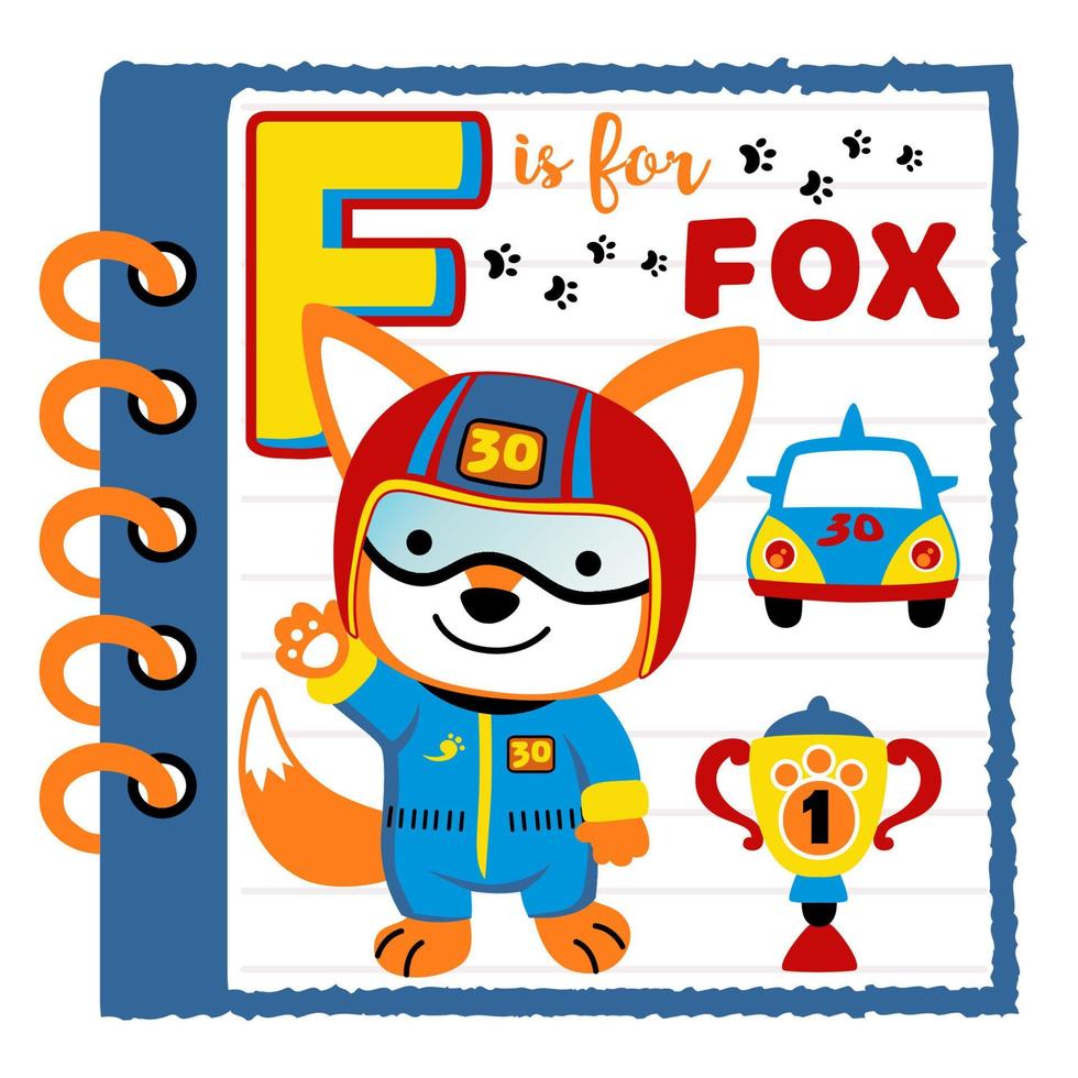Cute fox in racer costume, car racing elements in notebook frame, education cartoon for kids, vector cartoon illustration