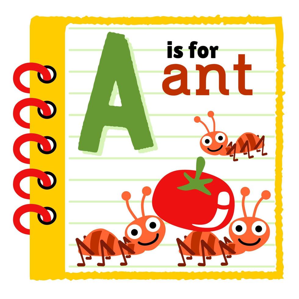 grupo de hormigas con fruta en marco de cuaderno, caricatura educativa para niños, ilustración de caricatura vectorial vector