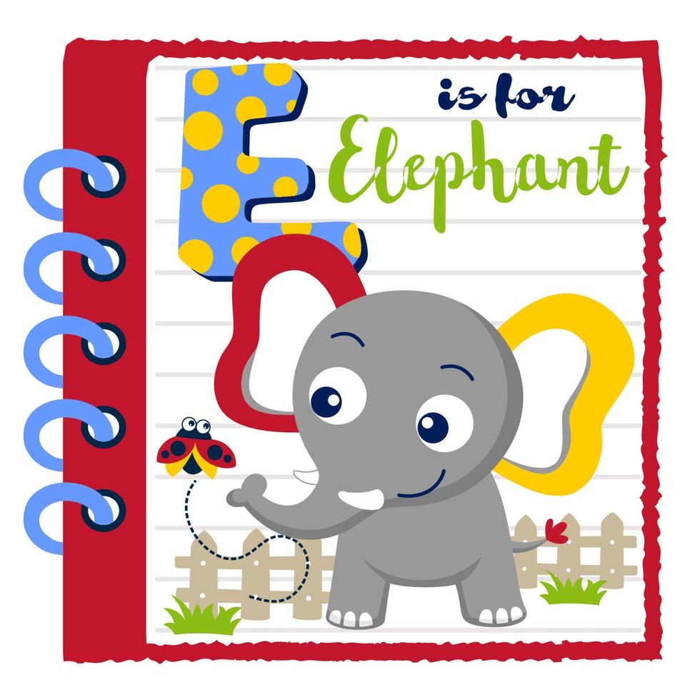 Cute elephant with ladybug in notebook frame, education cartoon for kids, vector cartoon illustration