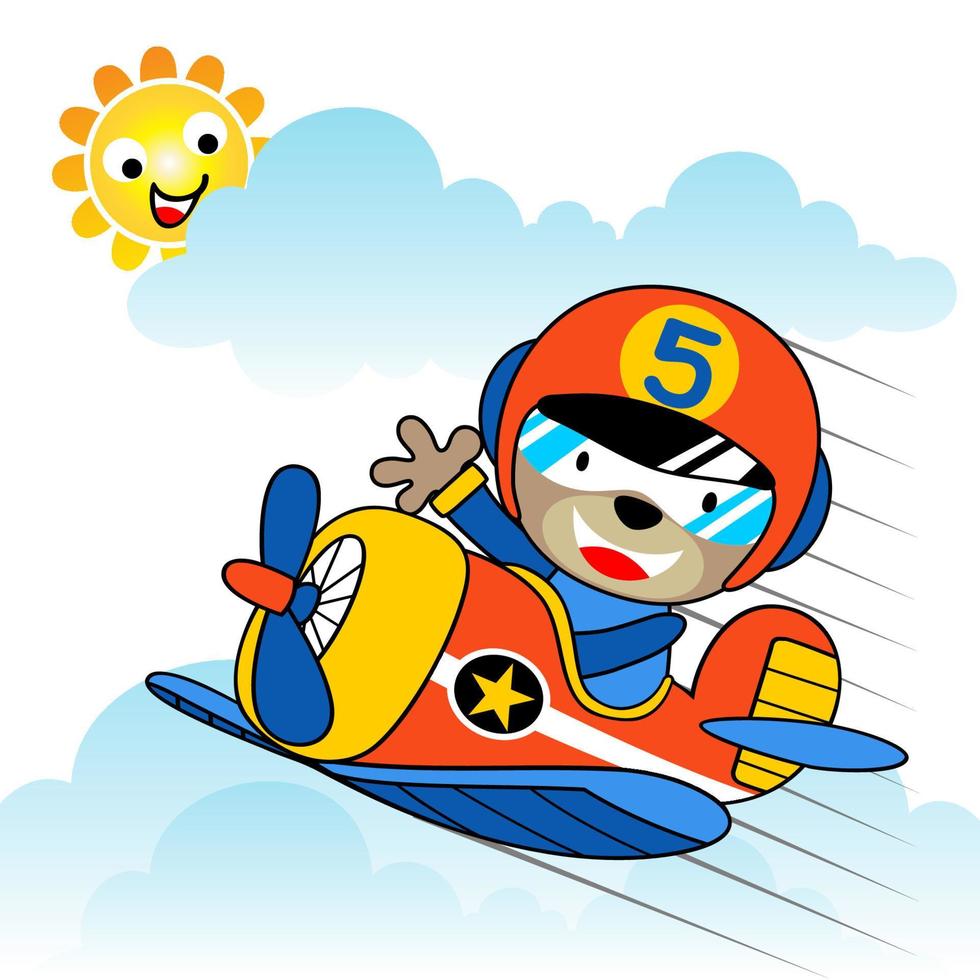 Cute bear on old airplane, smiling sun in clouds, vector cartoon illustration