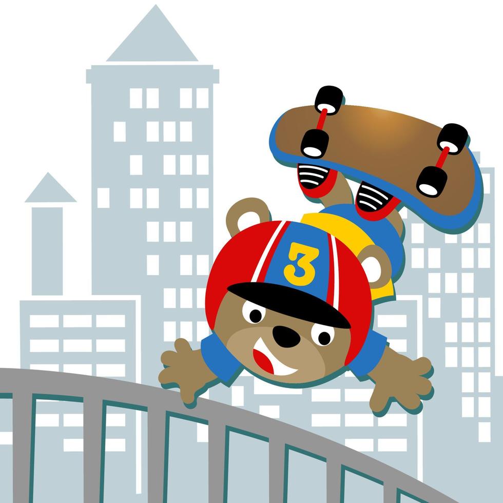 Cute bear playing skateboard on buildings background, vector cartoon illustration