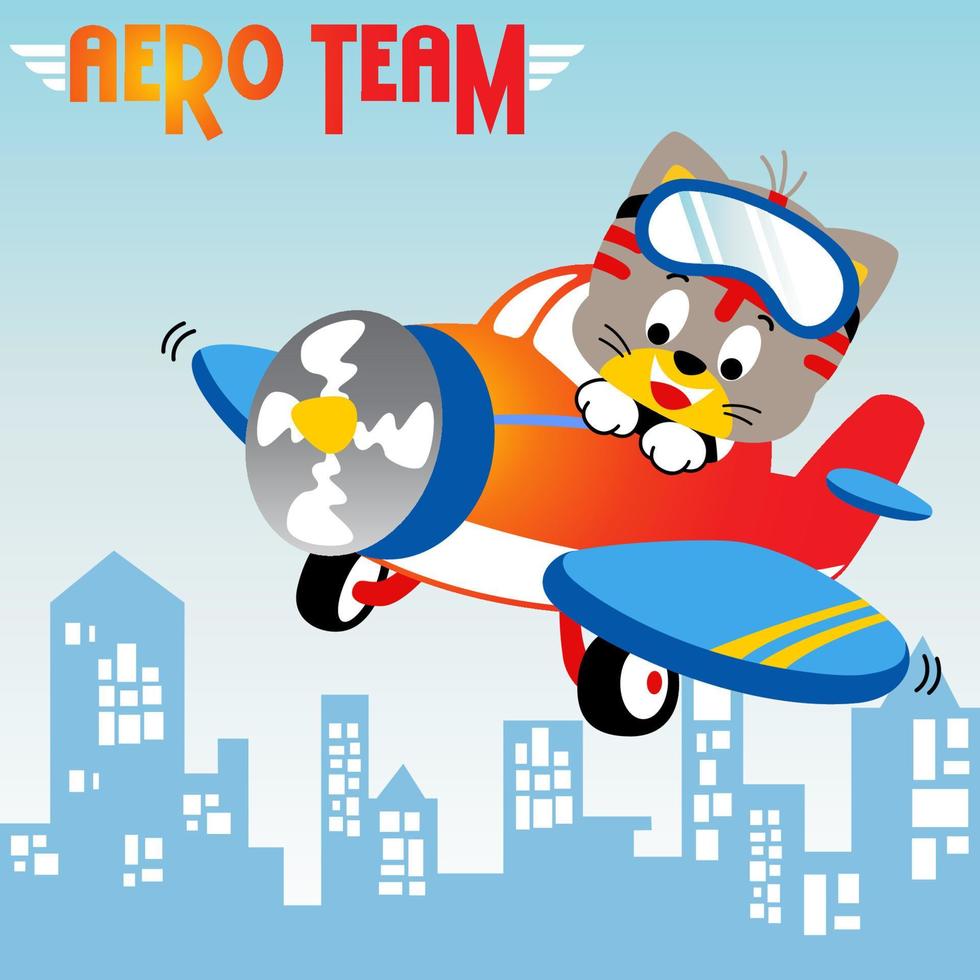 Funny kitten on airplane with buildings background, vector cartoon illustration