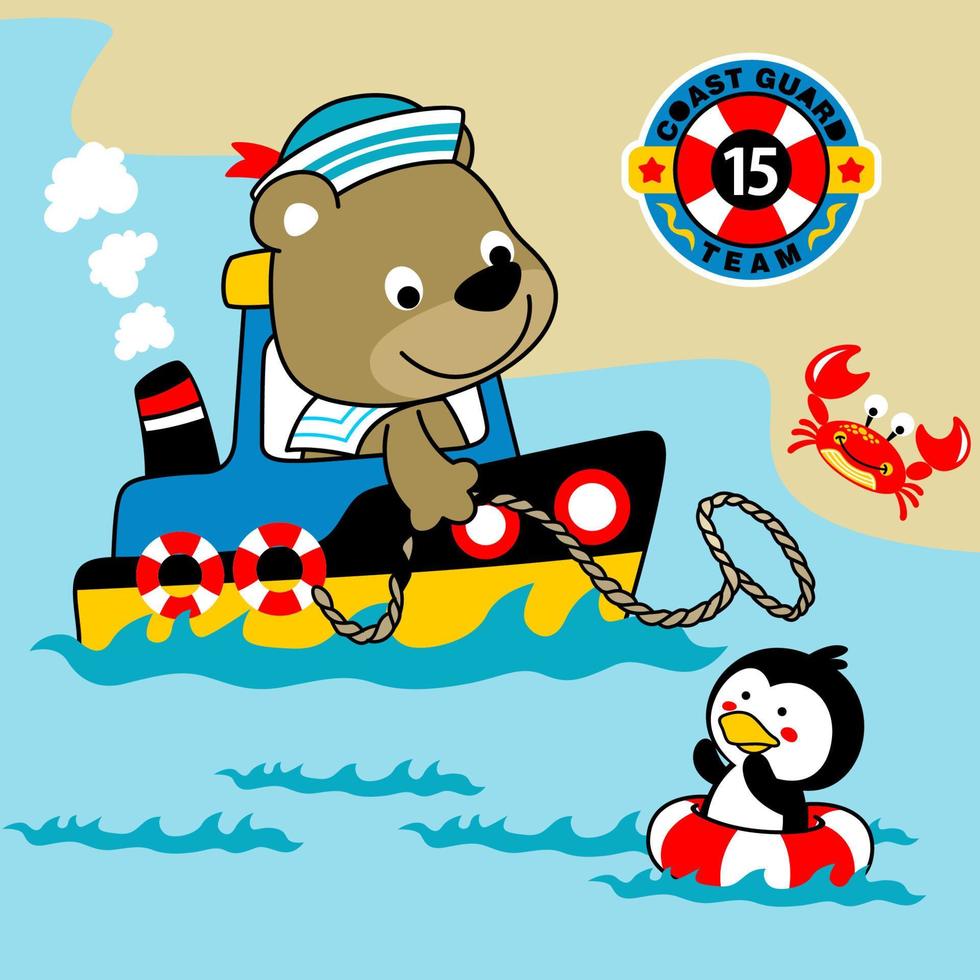 Cute bear on coast guard boat helping penguin on lifebuoy, vector cartoon illustration