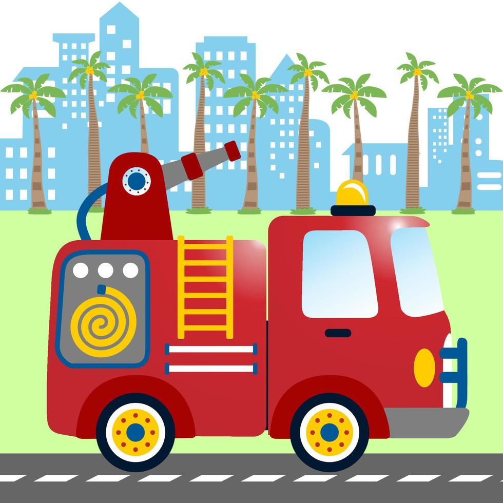 Firetruck with palm tree on buildings background, T-shirt design for kids, vector cartoon illustration