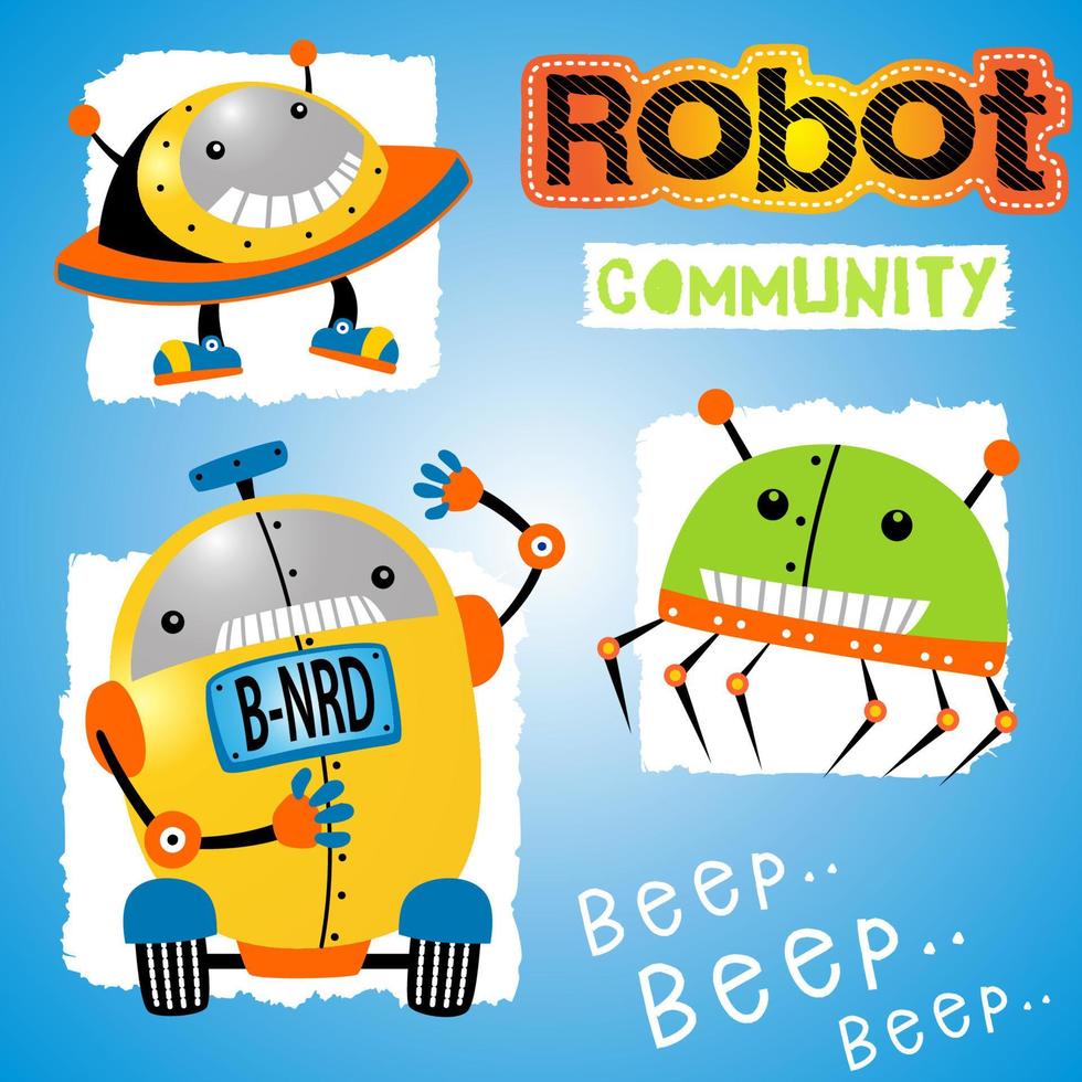Three funny robots in action, vector cartoon illustration