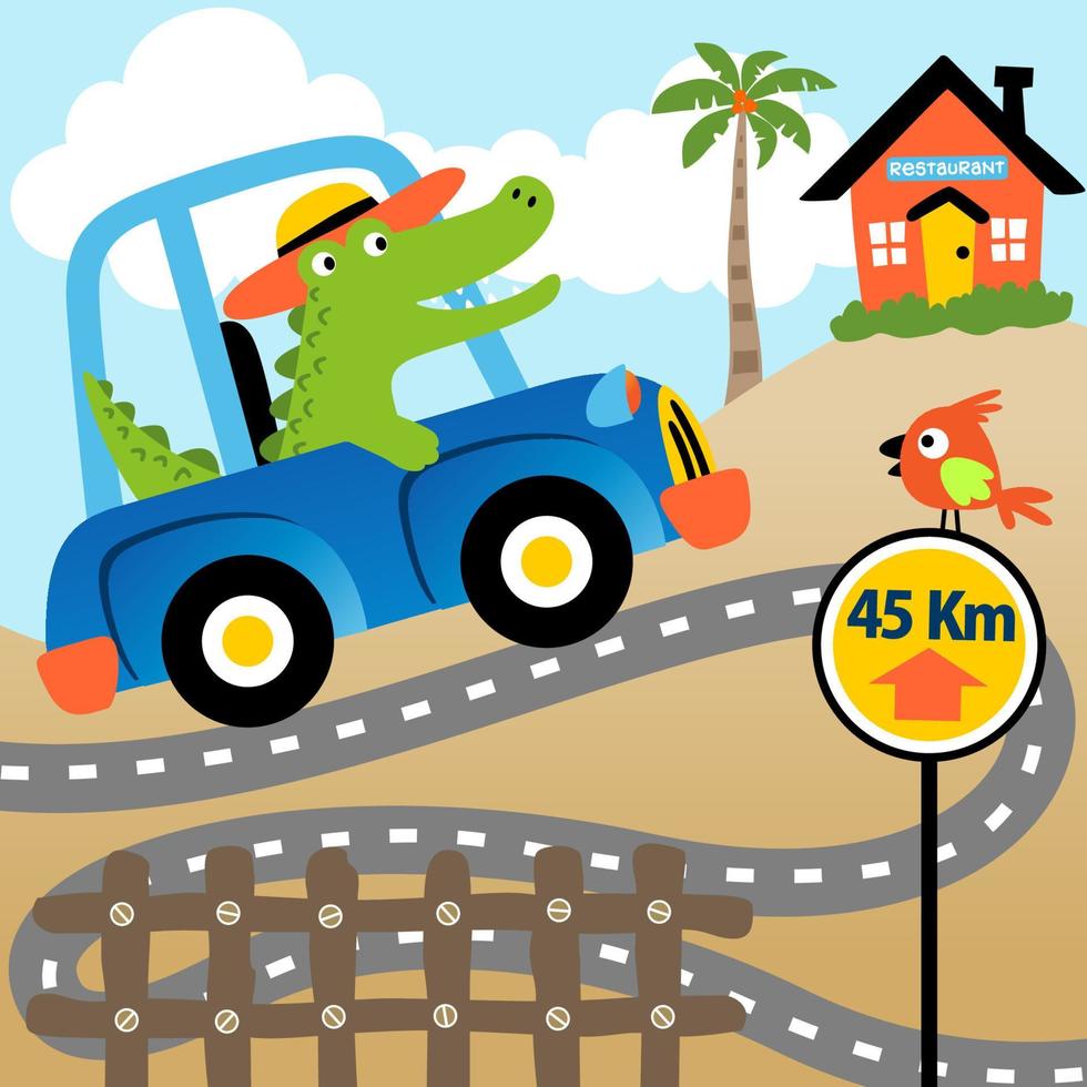 Cute crocodile driving car on rural scene background, little bird perching on road sign, vector cartoon illustration