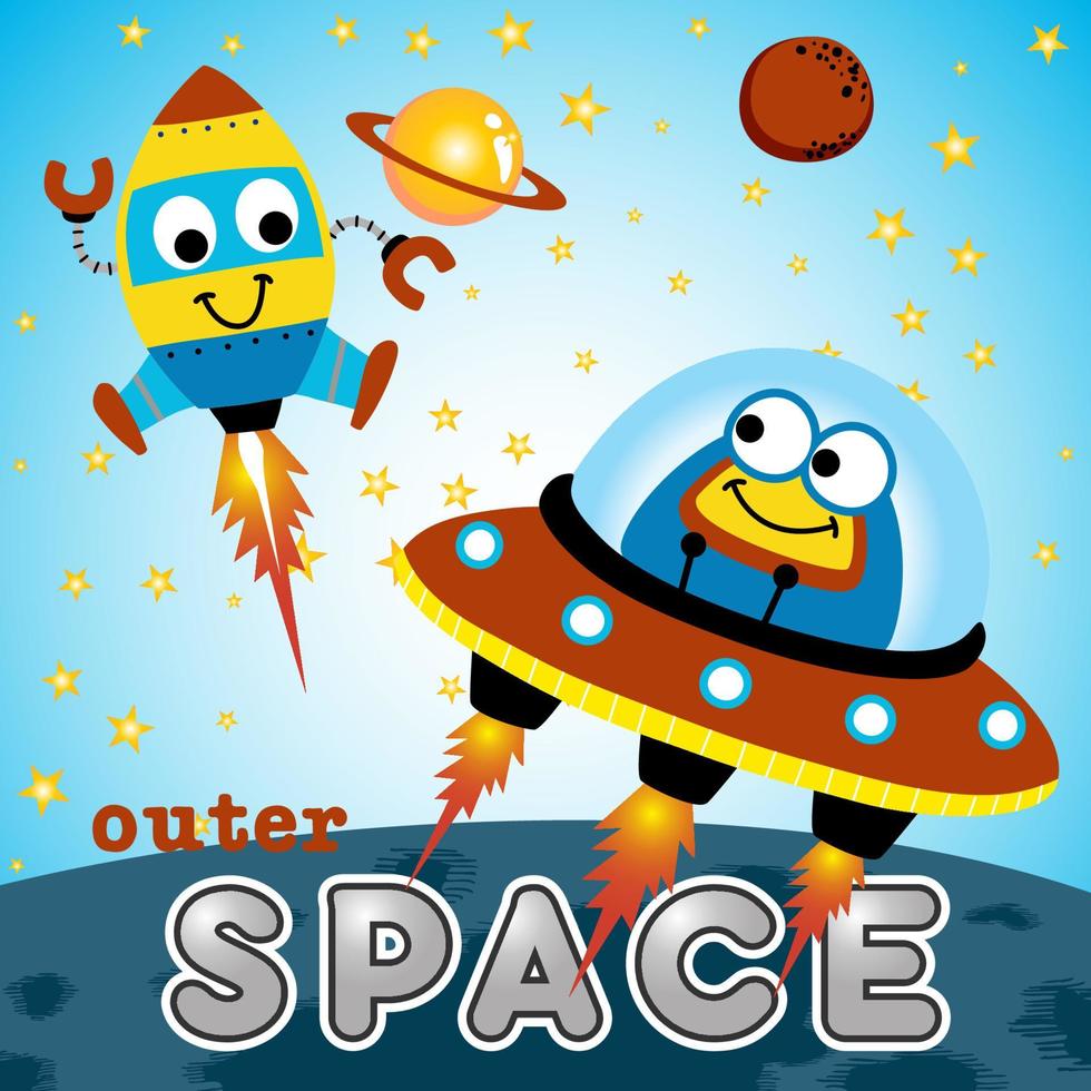 Cute alien on UFO with funny rocket, space elements illustration, vector cartoon illustration