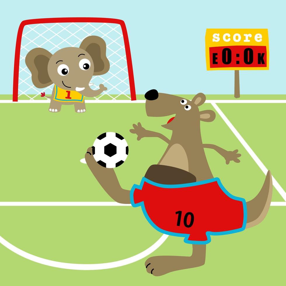 Funny kangaroo with elephant playing soccer, vector cartoon illustration