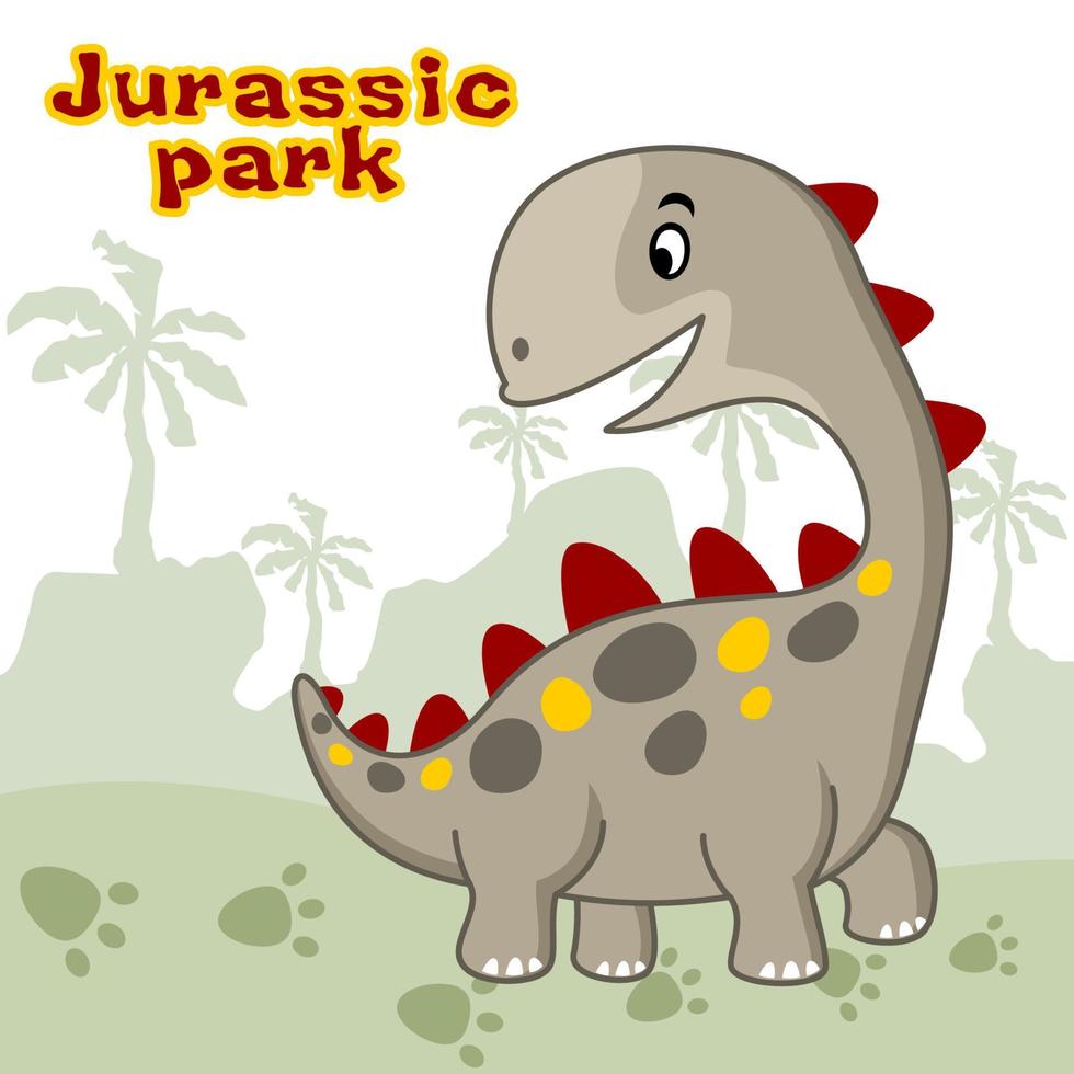 Funny dinosaur on palm tree background, vector cartoon illustration