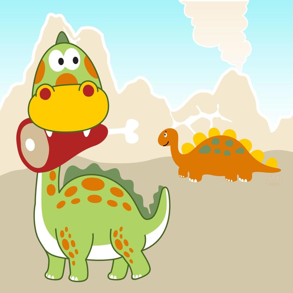 Funny dinosaurs on volcanoes background, vector cartoon illustration