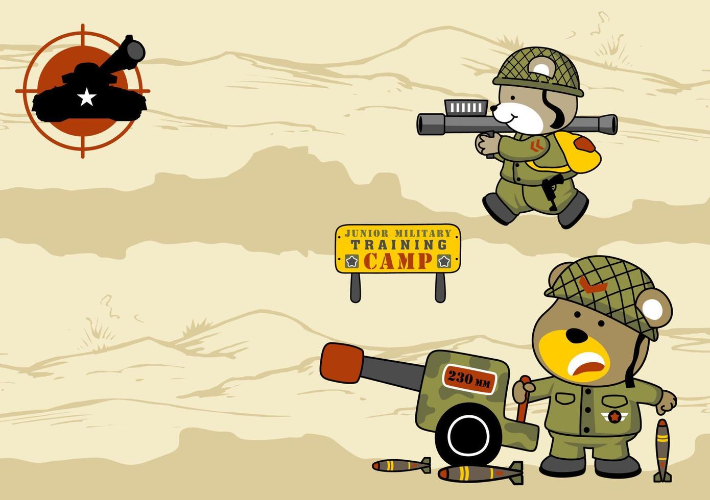 Funny animals soldier with gun in battlefield, vector cartoon illustration