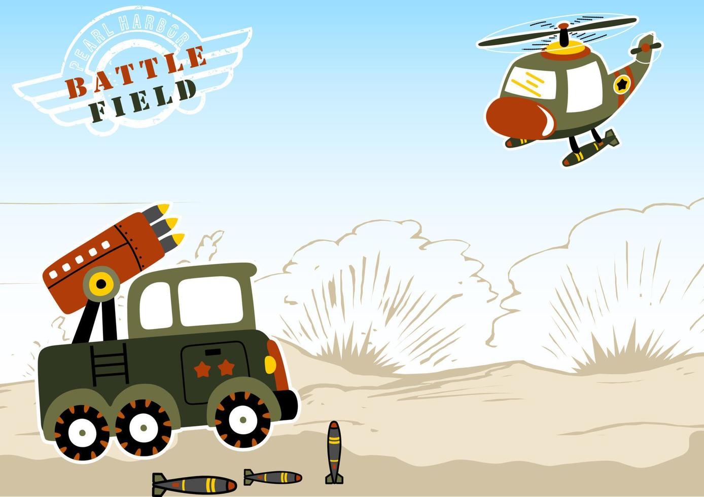 Military truck with missile versus military helicopter within, battlefield vector cartoon illustration