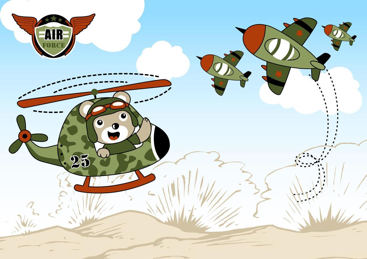 Cute bear on military helicopter with fighter jet within battlefield, vector cartoon illustration