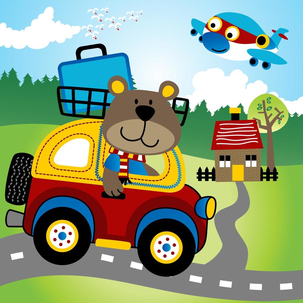 Cute bear driving car within homecoming trip on rural scene background, funny airplane flying, vector cartoon illustration