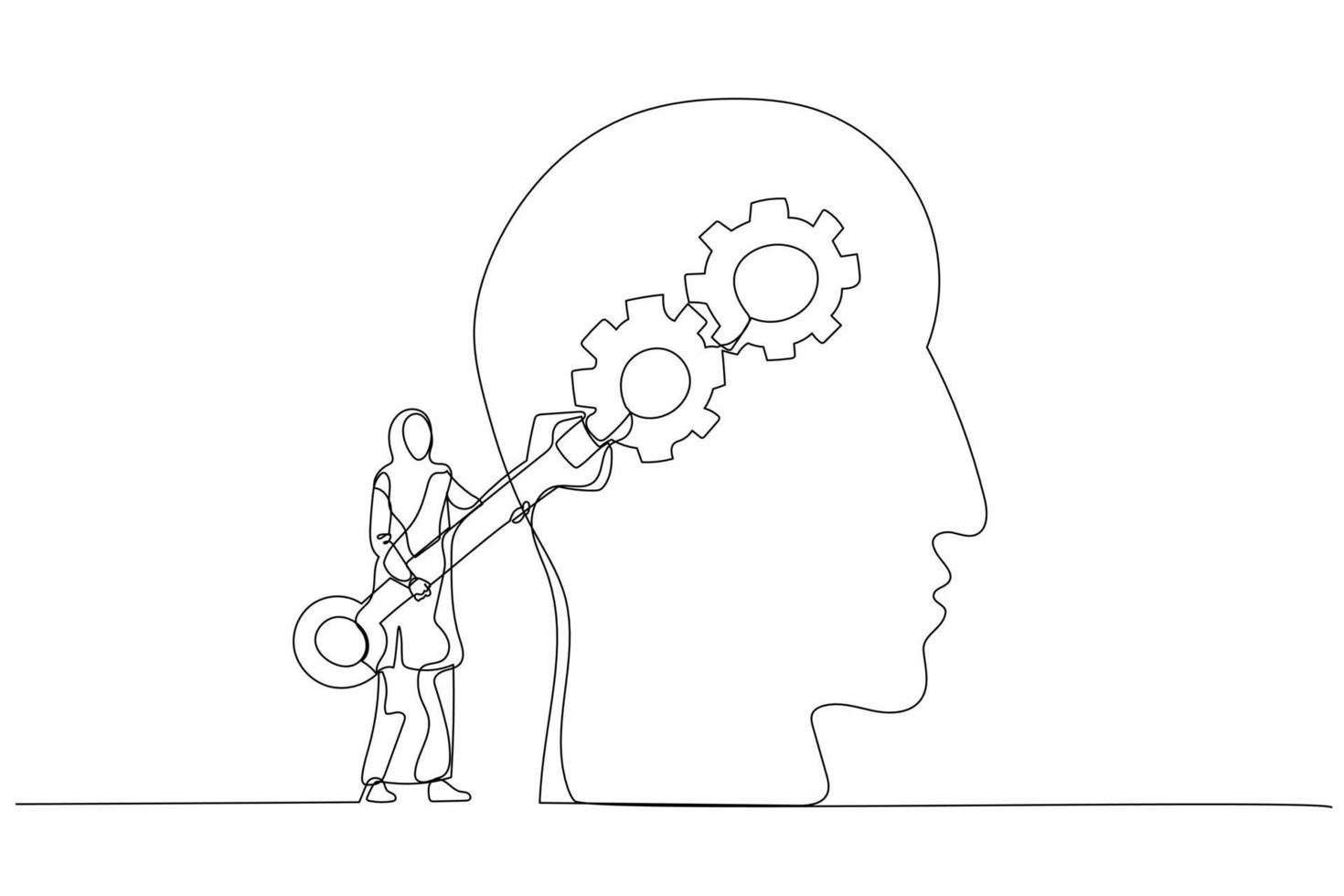 Illustration of muslim businesswoman with using wrench fixing gear cogwheels metaphor for change mindset attitude. Single continuous line art style vector