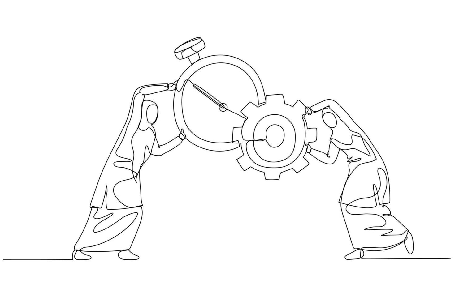 Cartoon of muslim businesswoman combine clock with and gear cogwheel concept of time management and production. Single continuous line art vector
