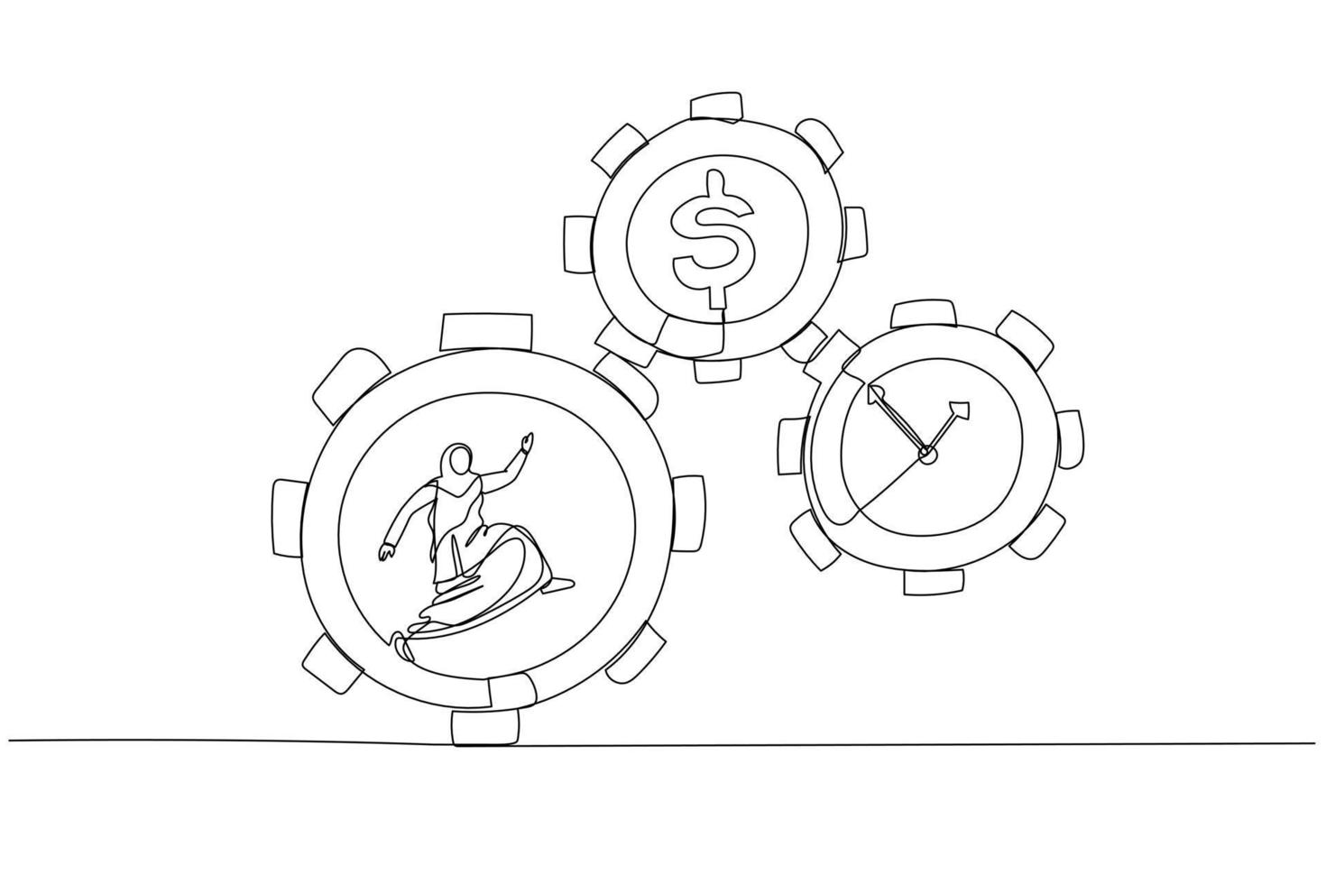 Drawing of muslim businesswoman running inside gear cogs make time and money gears spin. One line art style vector