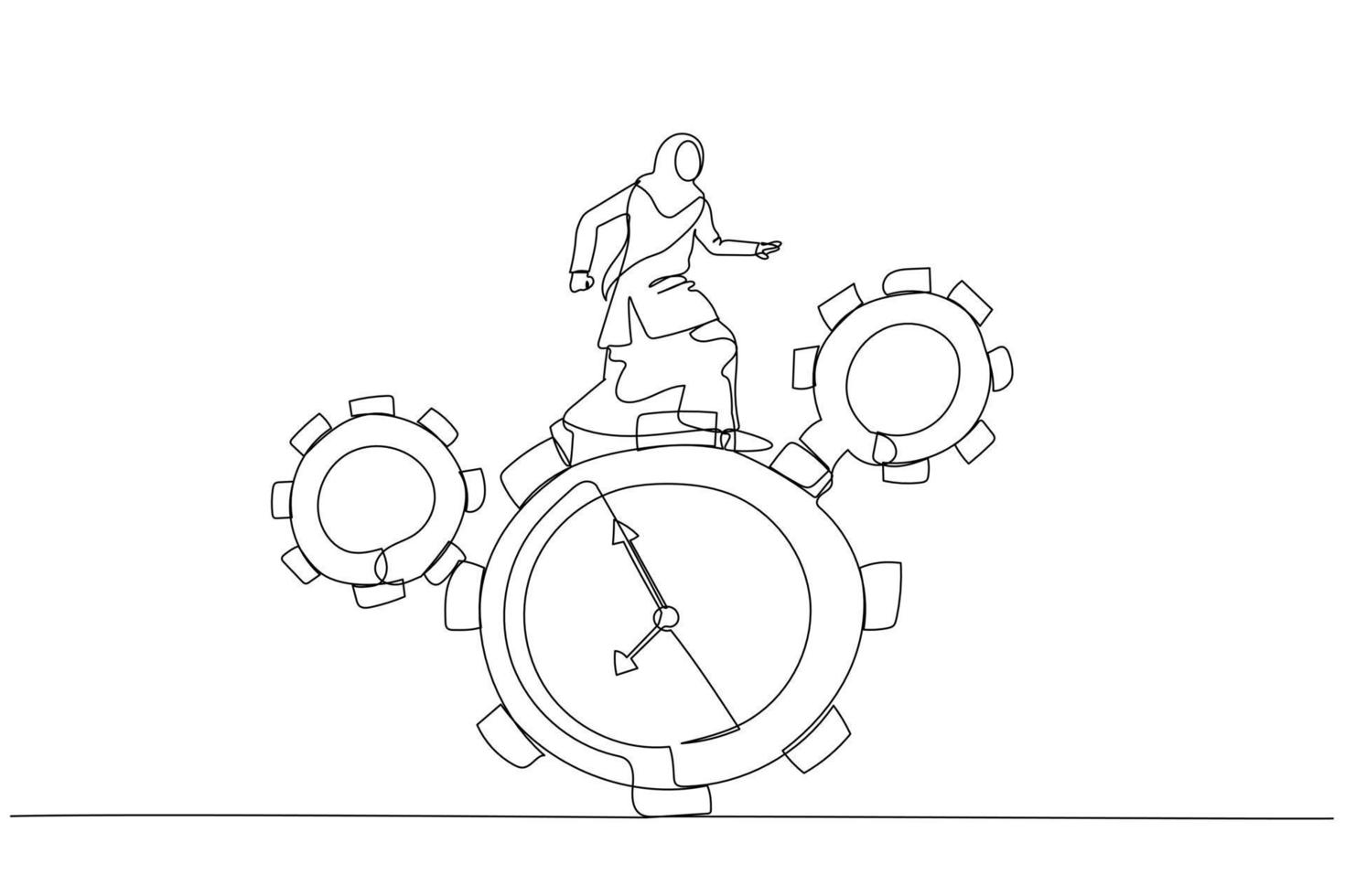 Illustration of muslim businesswoman run along gear in form of clock concept of time management. Continuous line art vector