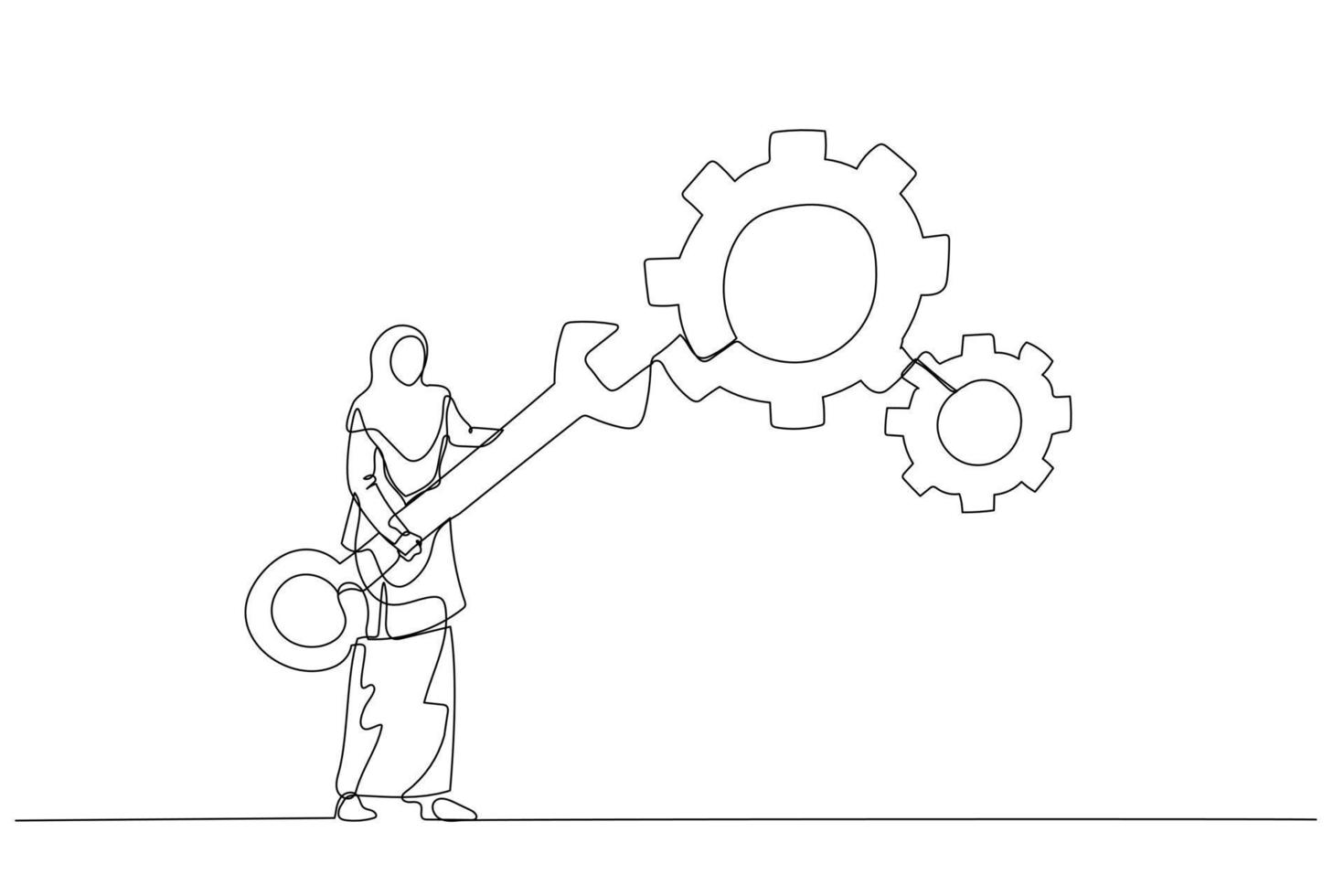 Illustration of muslim businesswoman holding wrench to adjust gear cogwheels setting concept of adjustment. Continuous line art style vector