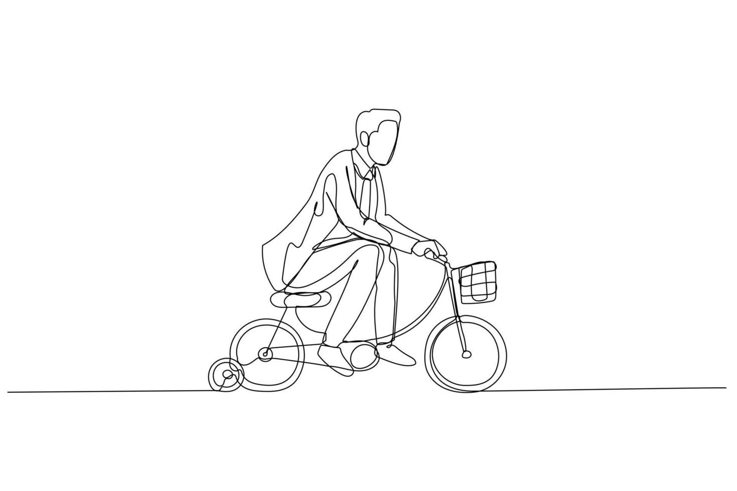 businessman practice riding child bicycle with training wheels concept of training practice for success. Single continuous line art style vector